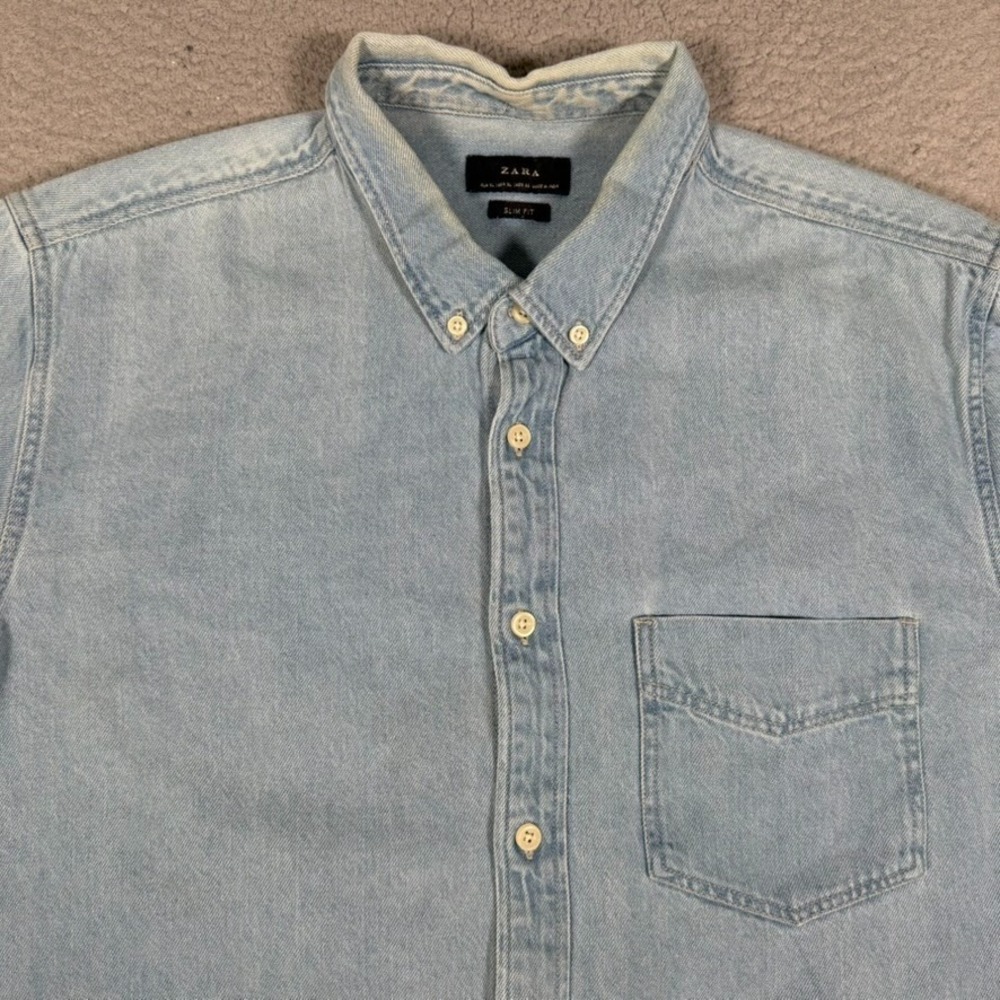 Zara Shirt Mens XL Blue 100% Cotton Denim Overshirt Slim Fit Casual Preppy